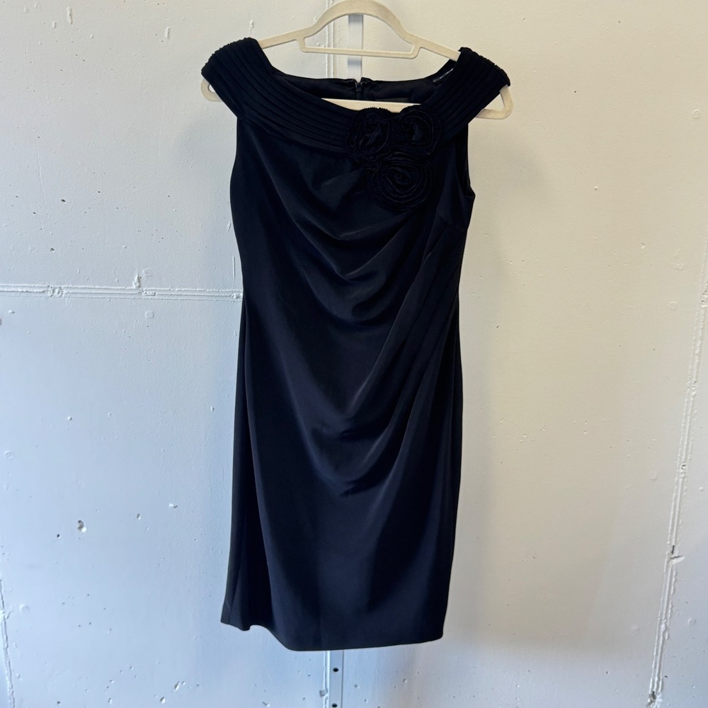 Y2K Adrianna Papell Black Rosette Ruched Off Shoulder Cocktail Sheath Dress Sz 4